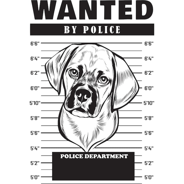 Mugshot de puggle dog sosteniendo pancarta tras las rejas