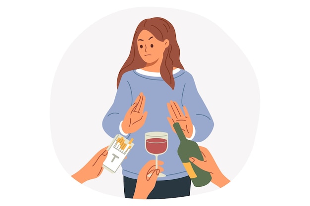 La mujer abandona los malos hábitos y hace el gesto de dejar de rechazar la oferta de fumar o beber alcohol