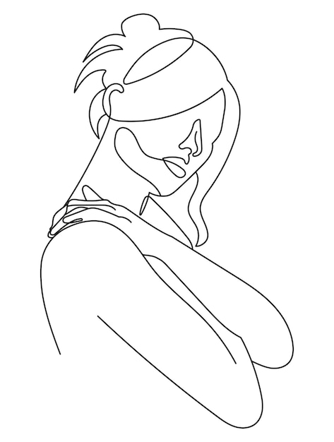 Mujer se abraza a sí misma como señal de amor propio y cuidado personal en un dibujo artístico minimalista de una sola línea