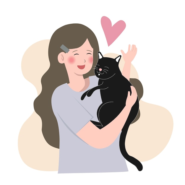 Vector mujer abraza a su gato con amor el concepto de la relación entre las personas y sus mascotas adopta refugio mujer sosteniendo perro ilustración vectorial de dibujos animados