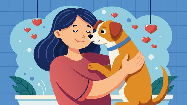 Vector una mujer abrazando amorosamente a su perro en casa