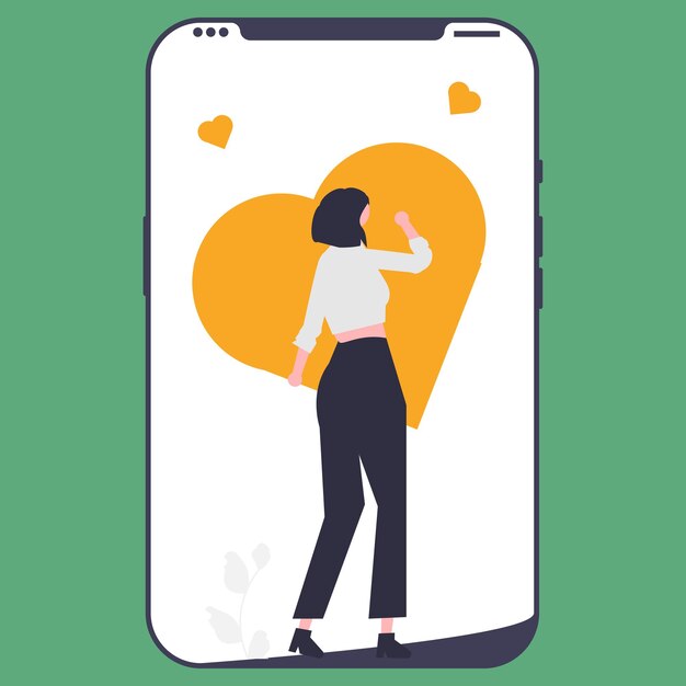 Vector una mujer abrazando un corazón en la pantalla de un teléfono