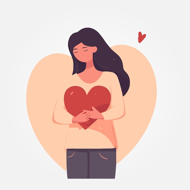 mujer abrazando una gran ilustración de vector de corazón
