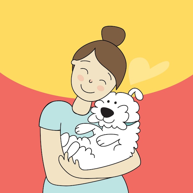 mujer abrazando lindo cachorro arte vectorial