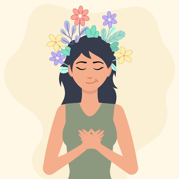 Mujer abrazando la paz interior con flores que simbolizan el bienestar mental