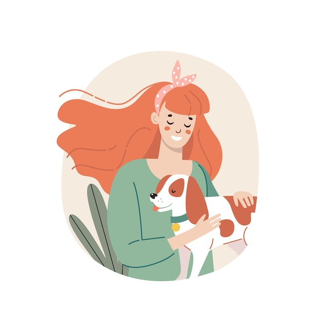 Mujer abrazando a un perro en el fondo Ilustración vectorial en un estilo plano