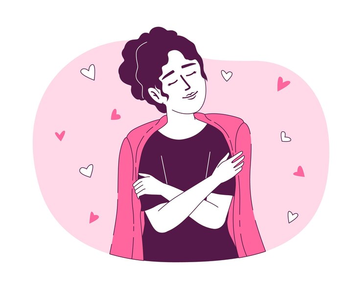 Vector mujer abrazándose a sí misma 2d vector aislado ilustración lineal