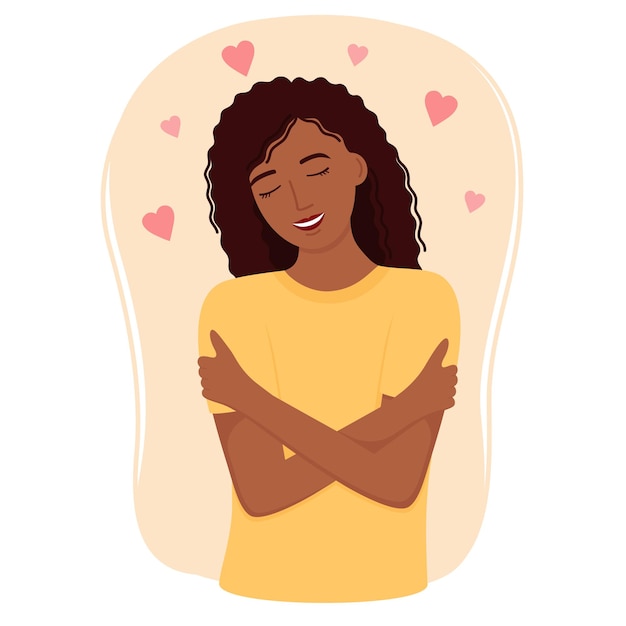 Vector mujer abrazándose a sí misma ámate a ti mismo y cuídate a ti mismo concepto amor propio ilustración vectorial