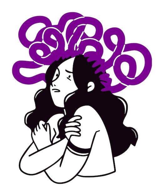 Mujer abrazándose a sí misma con pensamientos púrpuras abstractos