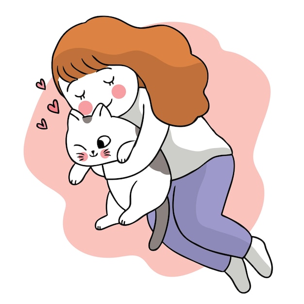 Mujer abrazo gato mano dibujar dibujos animados lindo.