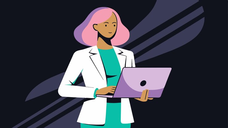 Vector una mujer con un abrigo blanco está sosteniendo una computadora portátil y una portátil púrpura