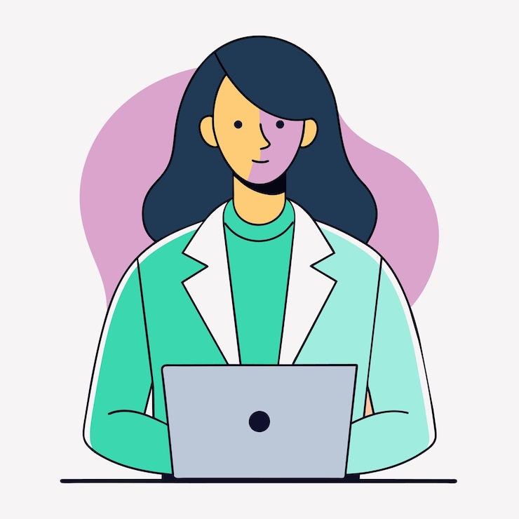 Vector una mujer con un abrigo blanco está trabajando en una computadora portátil