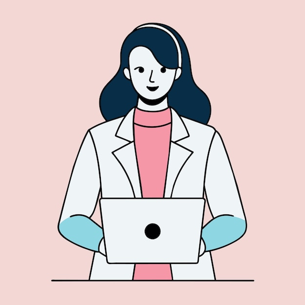 una mujer con un abrigo de laboratorio blanco está sentada en un escritorio con una computadora portátil y una mujer con una laptop blanca