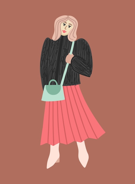 Una mujer con un abrigo de piel negro de invierno, una falda plisada y un bolso de hombro.