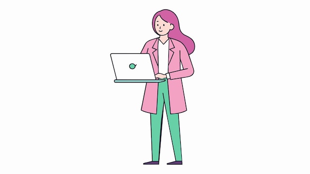 una mujer con un abrigo rosa está usando una computadora portátil
