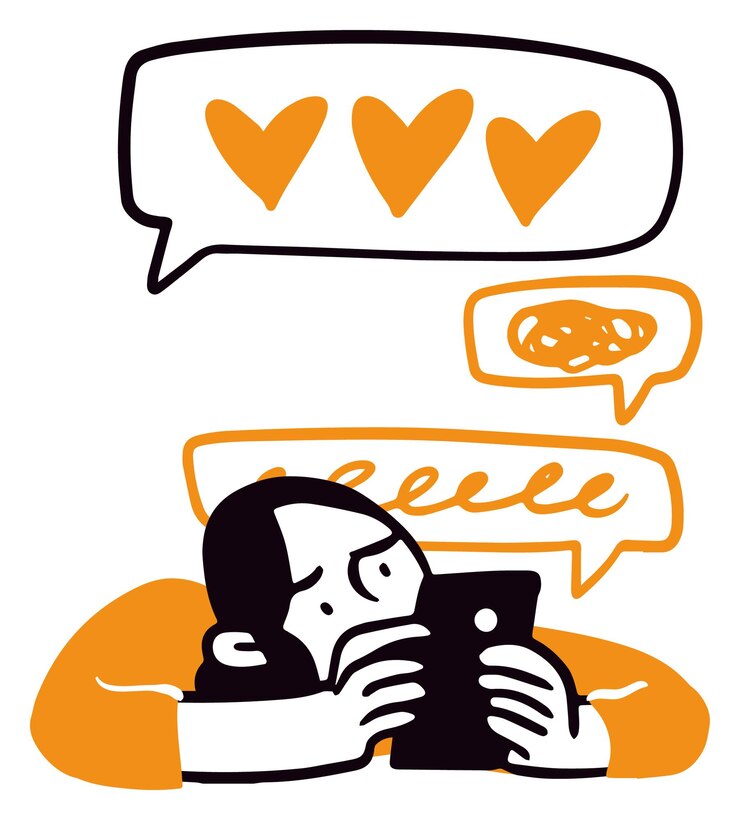 Vector mujer absorta en el teléfono inteligente con amor y burbujas de mensajes