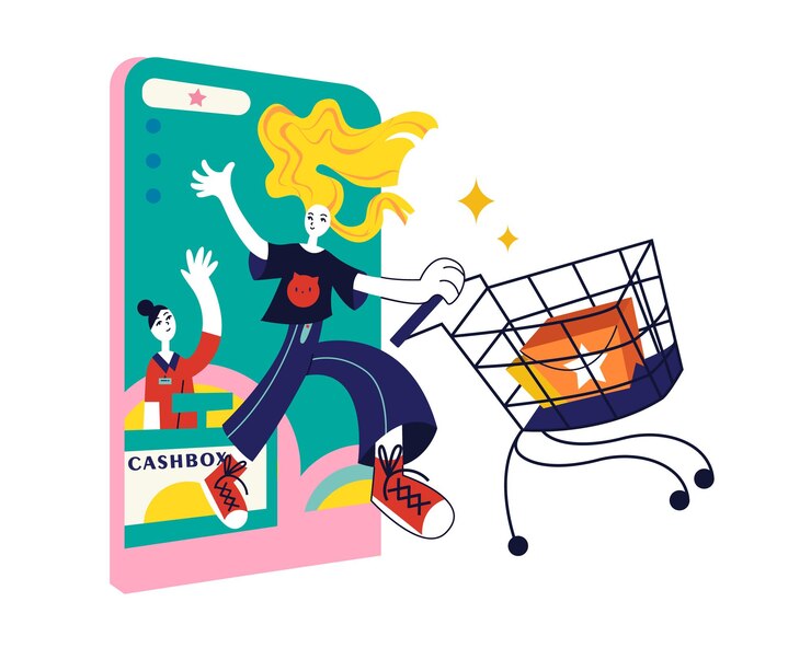Vector mujer abstracta haciendo compras en línea en grandes ventas en aplicaciones móviles proceso de compra de bienes a través de internet comercio electrónico y entorno digital ilustración de estilo plano vectorial