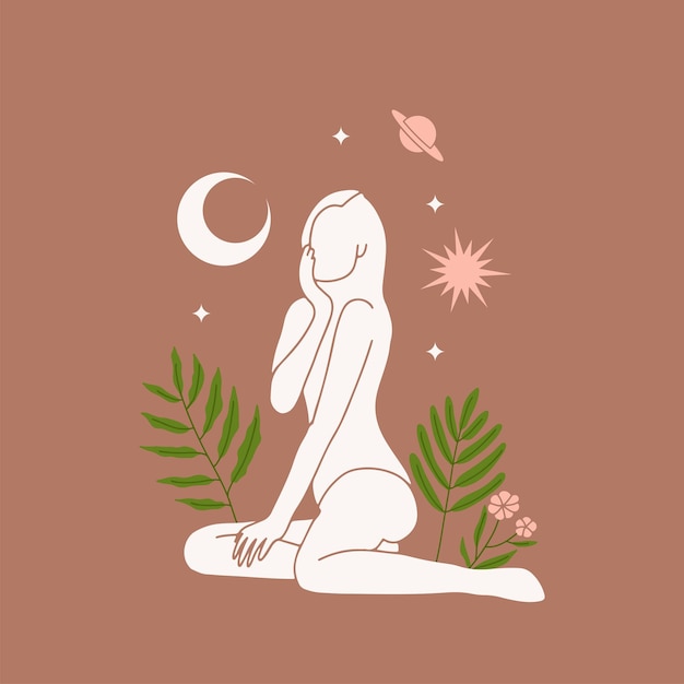 Mujer abstracta sentada entre plantas con plantas y la ilustración de estilo boho de luna