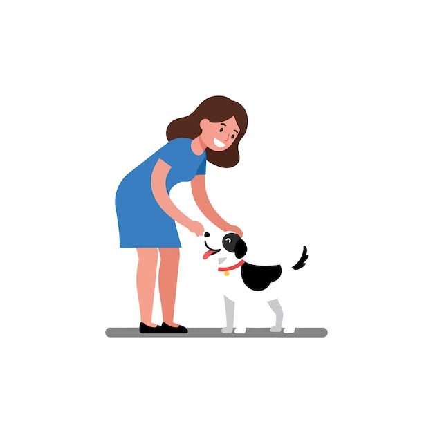 Mujer acariciando a un perro feliz en una ilustración de vector mínimo plano