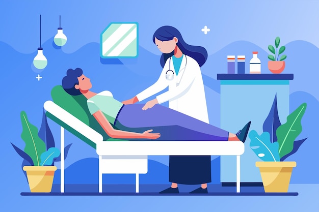 Una mujer acostada en una cama de hospital mientras un médico realiza un masaje de pies a su mujer acostada En la cama de hospital y el médico examinando la consulta del paciente Ilustración vectorial plana simple y minimalista