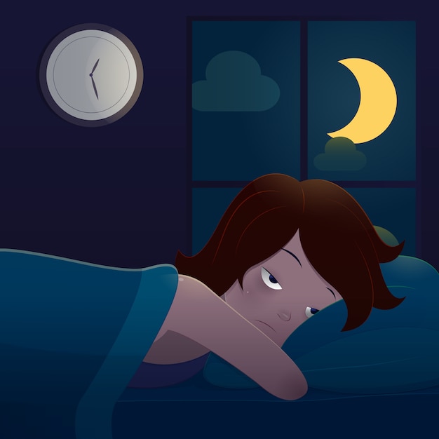 Vector mujer acostada en la cama que sufre de insomnio