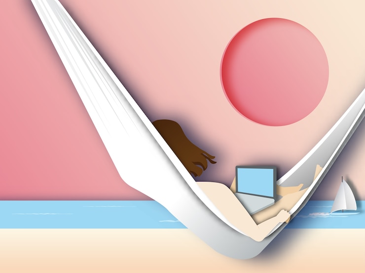 Vector mujer acostada en la hamaca en la playa y usar la computadora portátil.