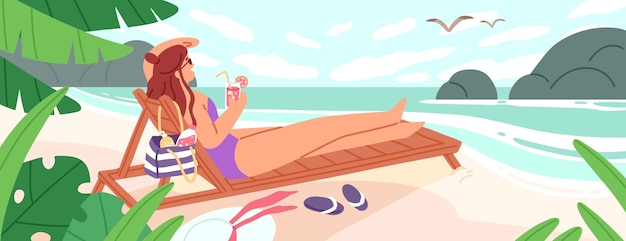 Mujer acostada en una tumbona con un cóctel en la ilustración plana vectorial de la playa vacía. Mujer en traje de baño disfrutando del sol descansando cerca del mar. Chica relajada disfrutando de la tranquilidad en un resort tropical.