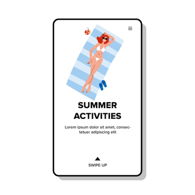 mujer actividades de verano vector viajes diversión pareja estilo de vida saludable playa mujer actividades de verano web ilustración de dibujos animados plana