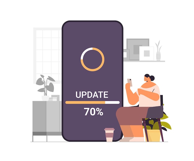 mujer actualizando el proceso de actualización del sistema operativo instalar nuevo software en el teléfono inteligente horizontal ilustración vectorial de longitud completa