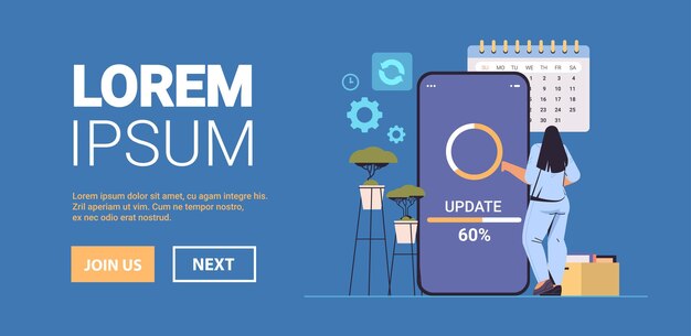 mujer actualizando el proceso de actualización del sistema operativo instale un nuevo software en el teléfono inteligente ilustración de vector de espacio de copia de longitud completa horizontal