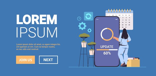 Mujer actualizando el proceso de actualización del sistema operativo instale un nuevo software en el teléfono inteligente ilustración de vector de espacio de copia de longitud completa horizontal