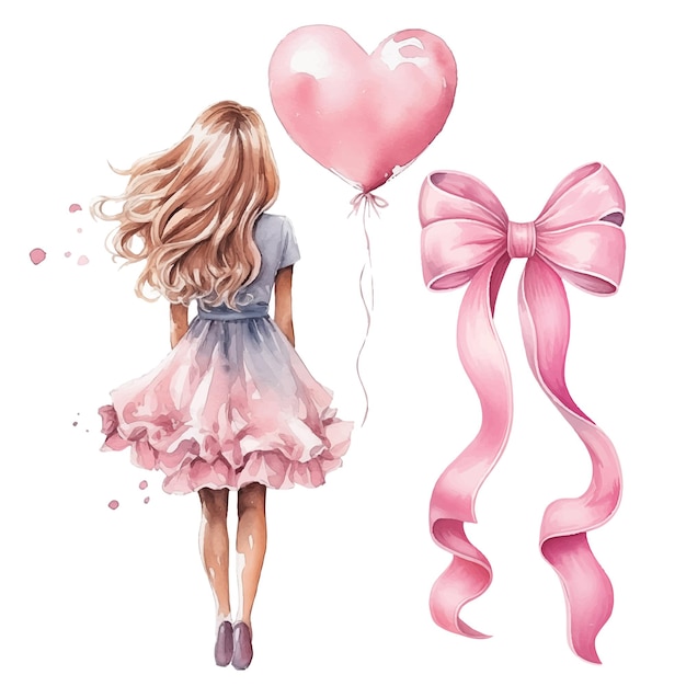 Mujer de acuarela con cabello suelto en un vestido rosa vista trasera Ilustración del día de San Valentín