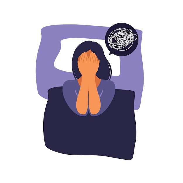 La mujer se acuesta en la cama y piensa. Concepto de depresión, insomnio, frustración, soledad, problemas.