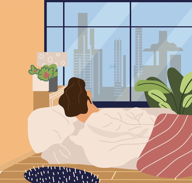 La mujer se acuesta o se despierta. la niña se despierta y se acuesta en la vista posterior de la cama. ocio de ilustración vectorial, concepto de mañana relajante antes de la rutina diaria de negocios