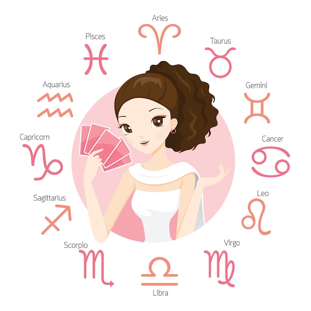Mujer adivina y carta del tarot con 12 signos astrológicos del zodíaco
