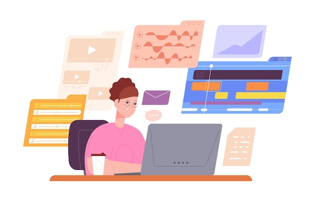 Mujer administradora de contenido Emprendedora independiente diseño experto en marketing análisis de datos de habilidades diseñador exitoso sitio web de interfaz de usuario tecnología de trabajo informático