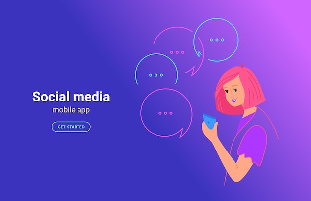 Mujer adolescente con ilustración de vector de concepto de aplicación móvil. Adolescente con teléfono inteligente usando la aplicación móvil para enviar mensajes de texto, enviar mensajes instantáneos en las redes sociales. Niña sonriente sobre fondo degradado