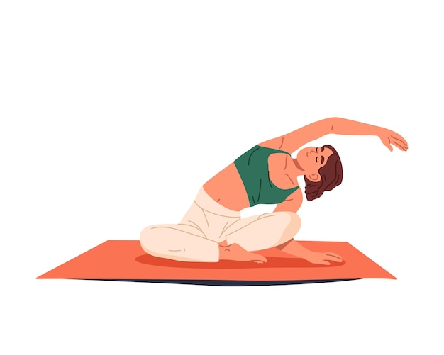Mujer adulta haciendo ejercicio de yoga vector de dibujos animados mujer en postura de estiramiento personas de entrenamiento de estiramento o