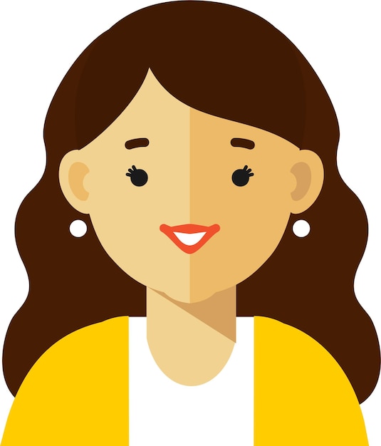 Vector mujer adulta joven con camisa blanca y chaqueta amarilla con cabello castaño largo icono de cara de avatar estilo plano