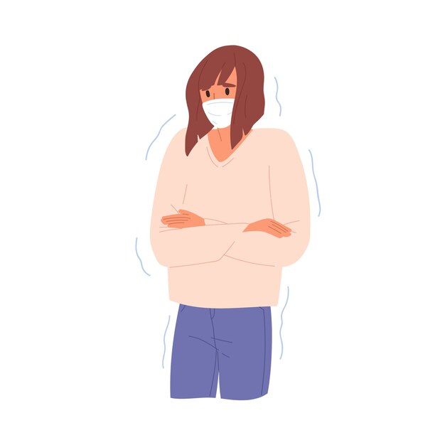 Mujer adulta joven que tiembla con fiebre o resfriado. Personaje femenino en mascarilla. Síntoma de enfermedad estacional, SARS, influenza o covid 19. Ilustración de dibujos animados plana sobre fondo blanco.