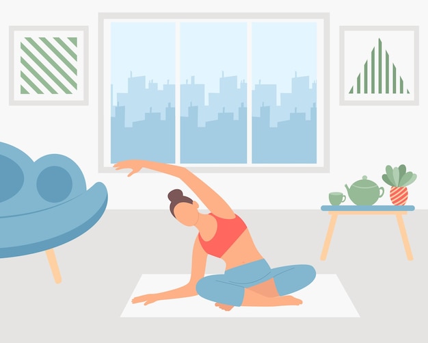 Mujer adulta practicando yoga en casa ilustración vectorial niña se dedica a platece solo en casa