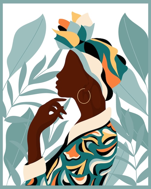 Vector mujer africana con un colorido tocado nacional sobre un fondo de hojas tropicales