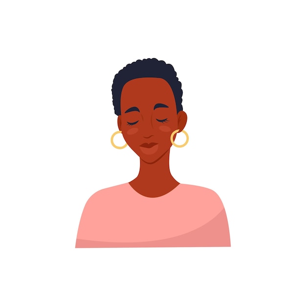 Mujer africana con corte de pelo corto con los ojos cerrados, ilustración vectorial de estilo plano, dibujos animados.