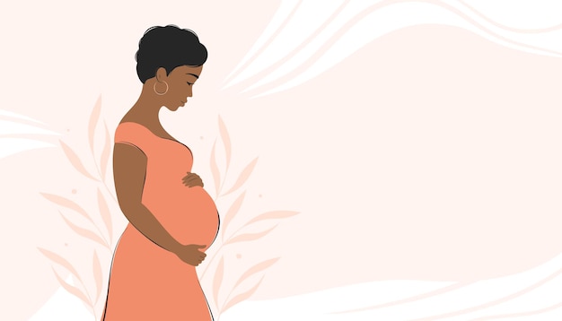 Vector mujer africana embarazada, futura mamá abrazando el vientre con los brazos. banner sobre el embarazo y la maternidad.