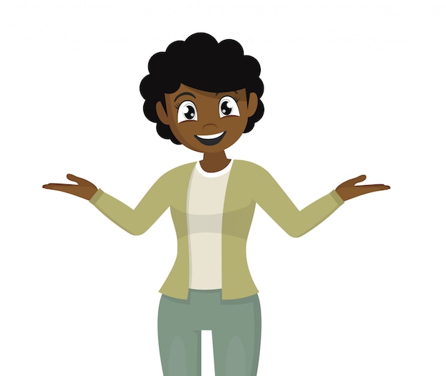 Mujer africana feliz señalando la mano para introducir algo.