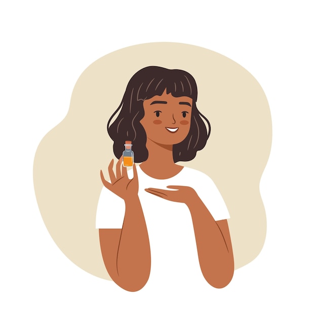 Vector mujer africana joven feliz sosteniendo un producto para el cuidado de la piel chica demostrando un producto cosmético ilustración vectorial plana