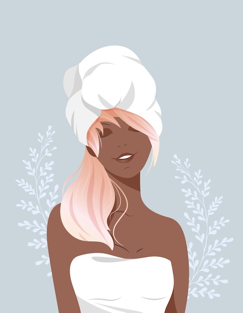 Vector mujer africana joven con toalla concepto de limpieza de servicios cosméticos cuidado de la piel cara y cuerpo femenino