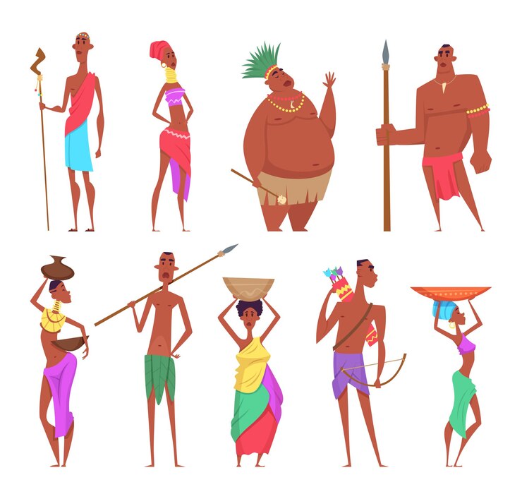 Vector mujer africana. personajes auténticos negros tradicionales de áfrica, hombres y mujeres, grupos étnicos.