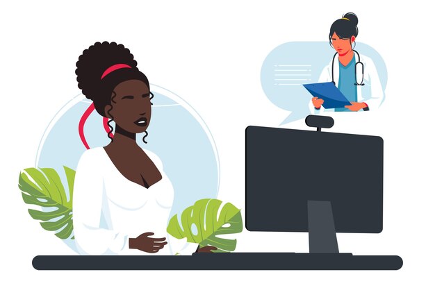 Mujer africana recibe consulta médica en línea en casa. El médico recomienda medicamentos a través del enlace de video. Chat en vivo. El paciente se reúne con un médico en línea a través de la aplicación para computadora portátil. Ilustración vectorial