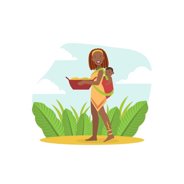 Vector una mujer africana sonriente con ropa tradicional caminando con un bebé en la espalda ilustración vectorial